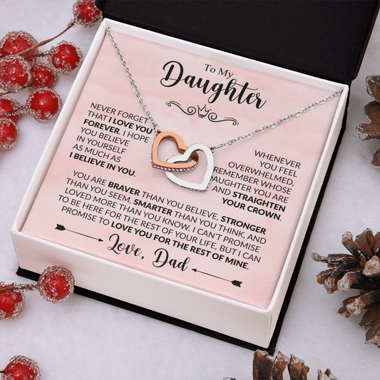 Close-up of Interlocking Hearts pendant – daughter gift – Dad message card